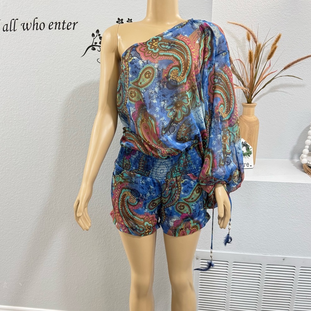 Va Va Voom One Shoulder Romper Sz L One Piece Elastic Band Waist Floral Paisley